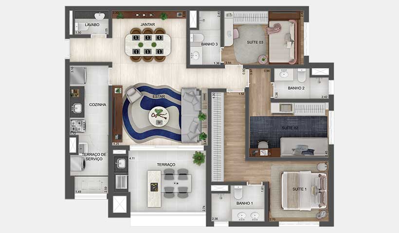 Planta Tipo de 107m² - 3 Suítes - Gran Resort Reserva São Caetano