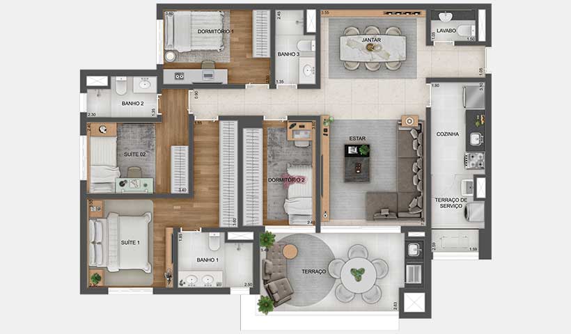 Planta Tipo de 128m² - 4 Dormitórios - Gran Resort Reserva São Caetano