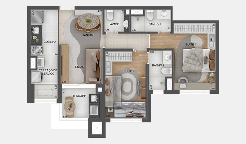 Planta Tipo de 68m² - 2 Suítes - Gran Resort Reserva São Caetano